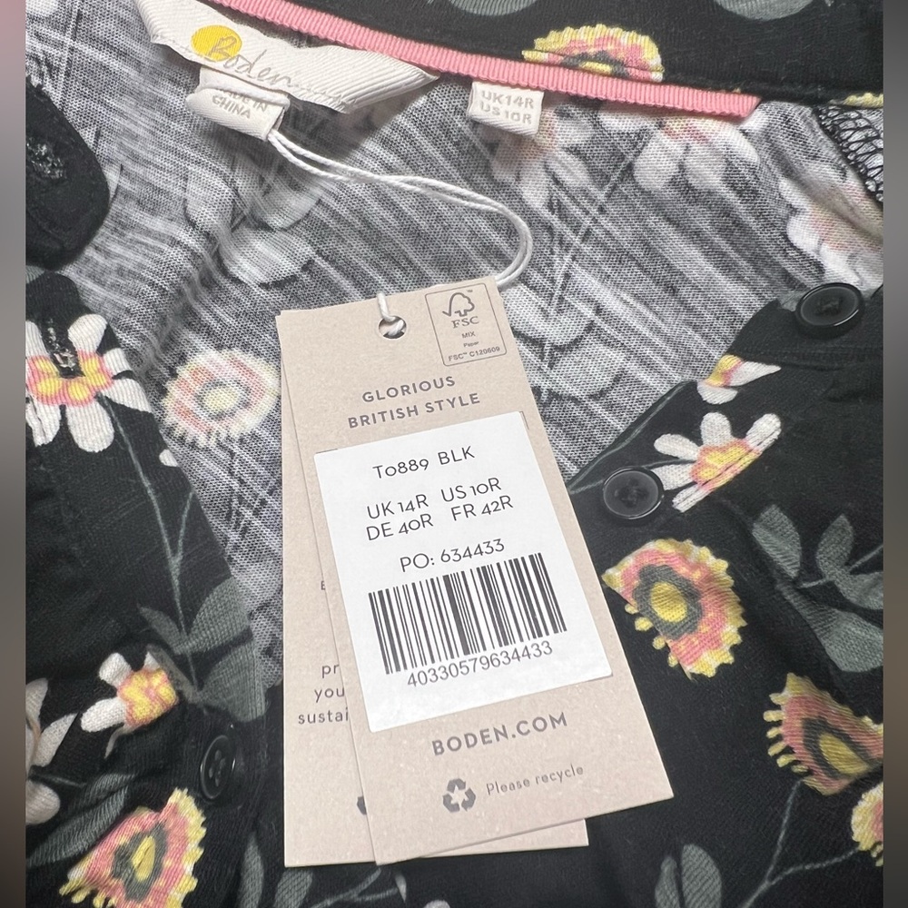 BODEN, Ruffle Front Jersey Shirt Black, US 10 R UK 14 floral new with tags - Picture 11 of 14